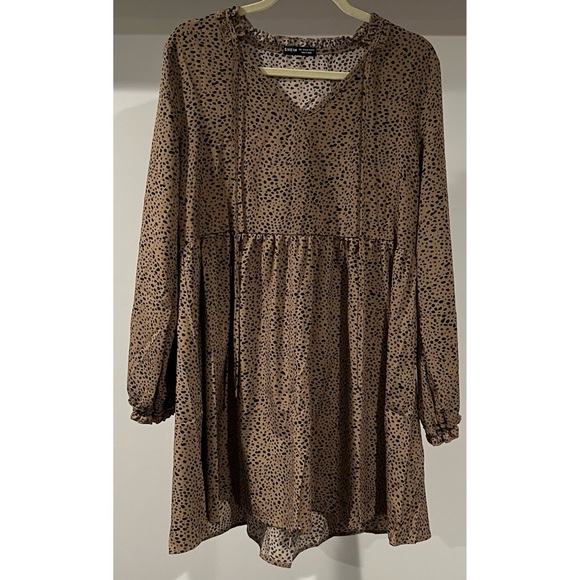 SHEIN Dalmatian Print Tie Neck Smock Dress Khaki - Picture 10 of 15